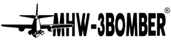 Logo of MHW-3BOMBER with an airplane and propeller on a black background